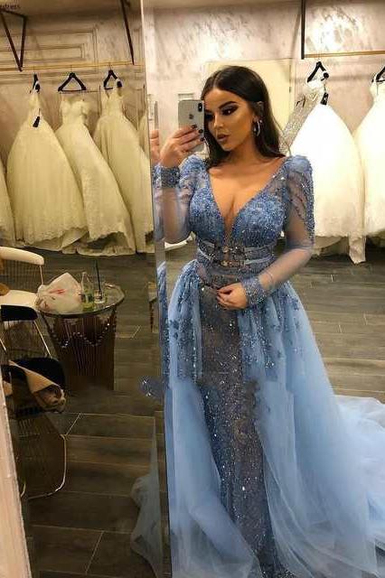 Gorgeous Long Sleeves V-Neck Lace Beaded Mermaid Prom Dresses with Over Skirt - Image 2