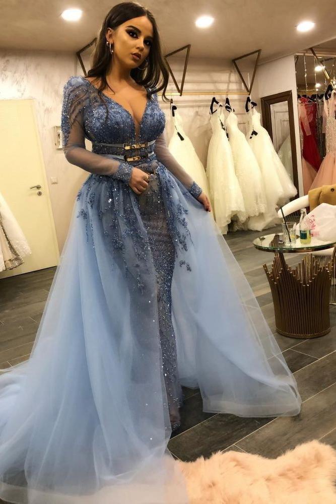 Gorgeous Long Sleeves V-Neck Lace Beaded Mermaid Prom Dresses with Over Skirt - Image 3
