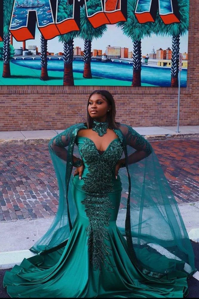 Gorgeous Mermaid Evening Gowns Long Sleeves Appliques Floor Length Cape - Image 2