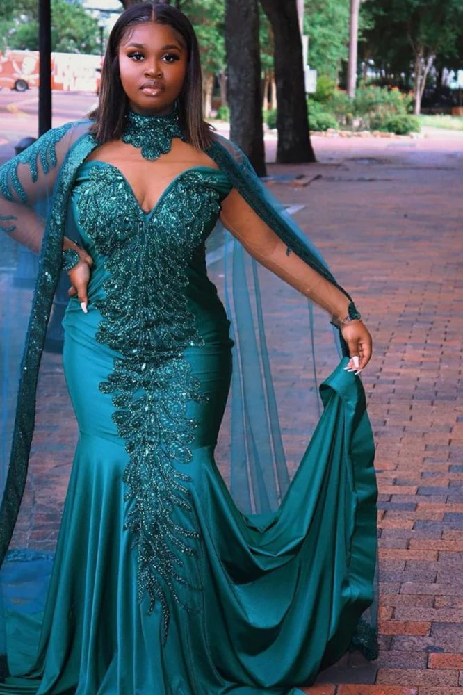 Gorgeous Mermaid Evening Gowns Long Sleeves Appliques Floor Length Cape - Image 3