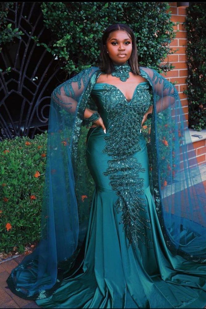 Gorgeous Mermaid Evening Gowns Long Sleeves Appliques Floor Length Cape - Image 4