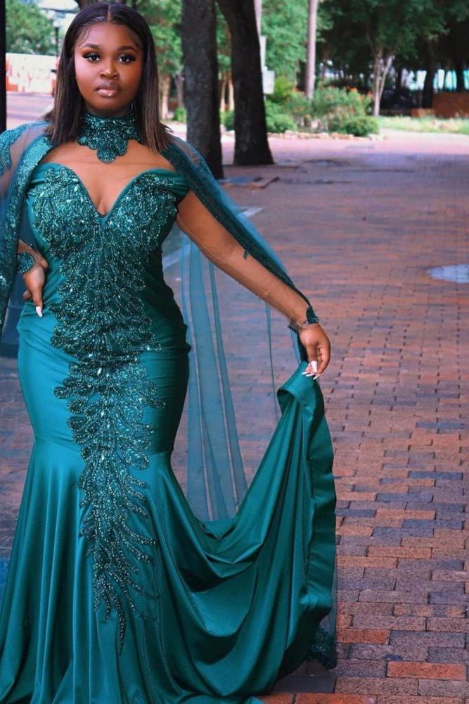 Gorgeous Mermaid Evening Gowns Long Sleeves Appliques Floor Length Cape - Image 6