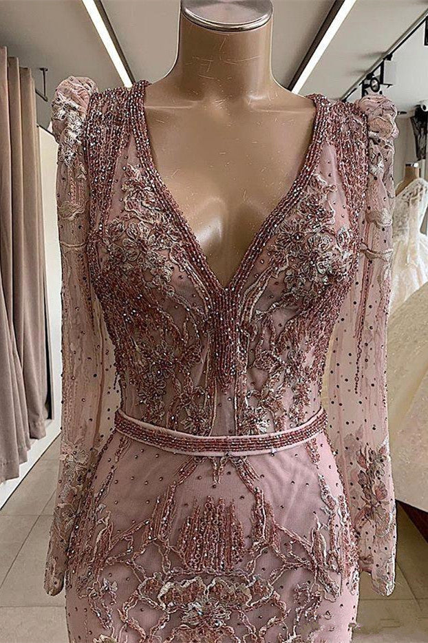 Gorgeous Mermaid Lace Beading V-neck Long Sleevess Prom Dresses Evening Gowns With Beading Waistband - Image 2