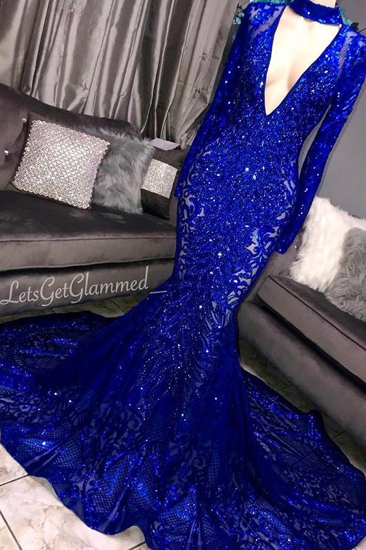 Gorgeous Mermaid Long Sleevess Deep V-neck Lace Applique Prom Dresses - Image 2