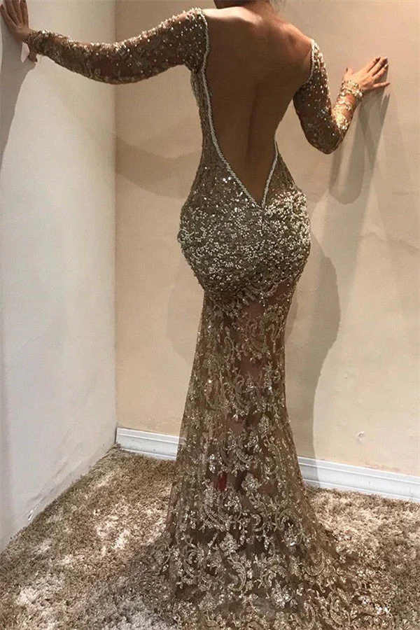 Gorgeous Mermaid Long Sleevess Open Back Sequins Prom Dresses - Image 2