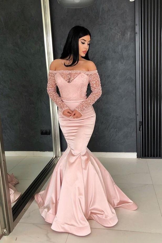 Gorgeous Mermaid Off-the-Shoulder Prom Gowns Long Sleeves Lace Evening Dresses - Image 3