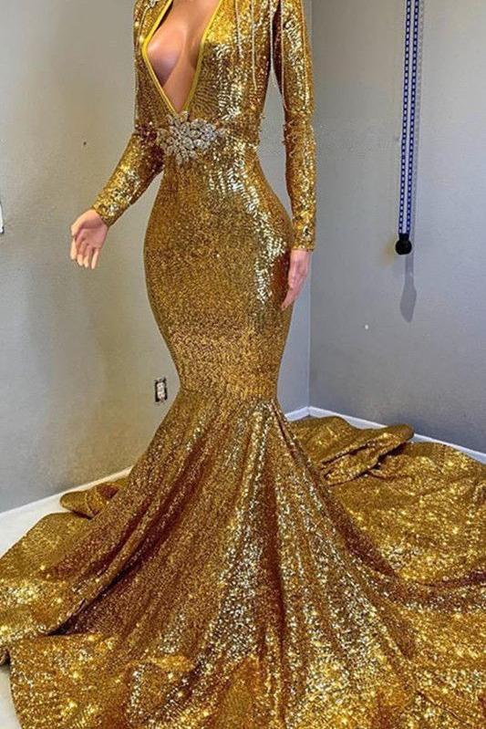 Gorgeous Mermaid Sequins Long Sleevess Floor Length Prom Dresses - Image 2