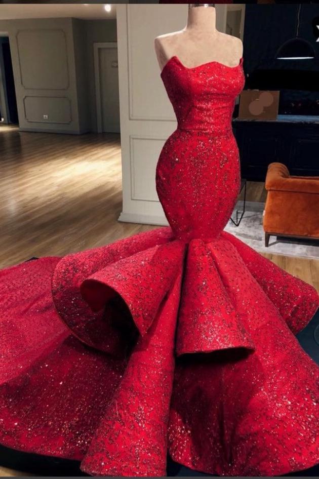 Gorgeous Mermaid Strapless Beadings Prom Party Gowns with Court Train - Image 2