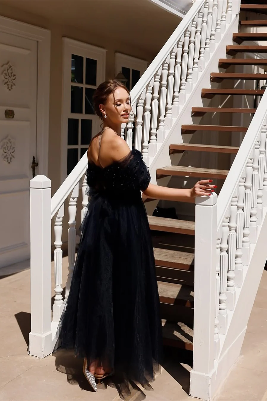 Gorgeous Navy Blue Off-The-Shoulder Tulle Prom Dress Sleeveless A-Line Beads With Zipper - Image 2