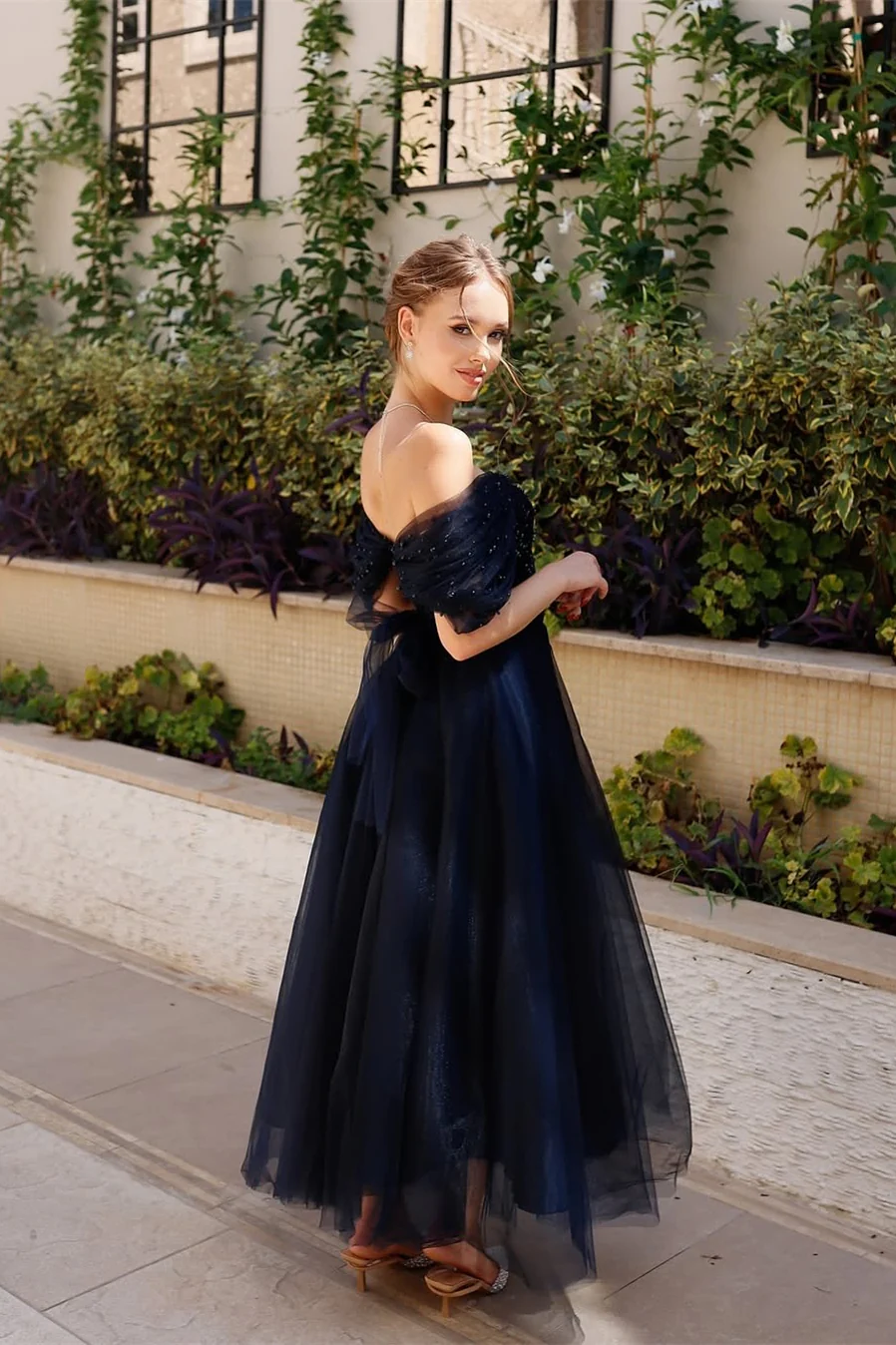 Gorgeous Navy Blue Off-The-Shoulder Tulle Prom Dress Sleeveless A-Line Beads With Zipper - Image 3