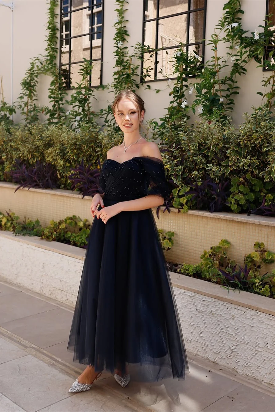 Gorgeous Navy Blue Off-The-Shoulder Tulle Prom Dress Sleeveless A-Line Beads With Zipper - Image 4