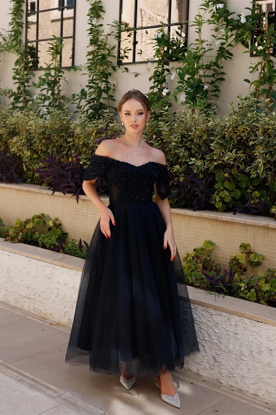 Gorgeous Navy Blue Off-The-Shoulder Tulle Prom Dress Sleeveless A-Line Beads With Zipper - Image 5
