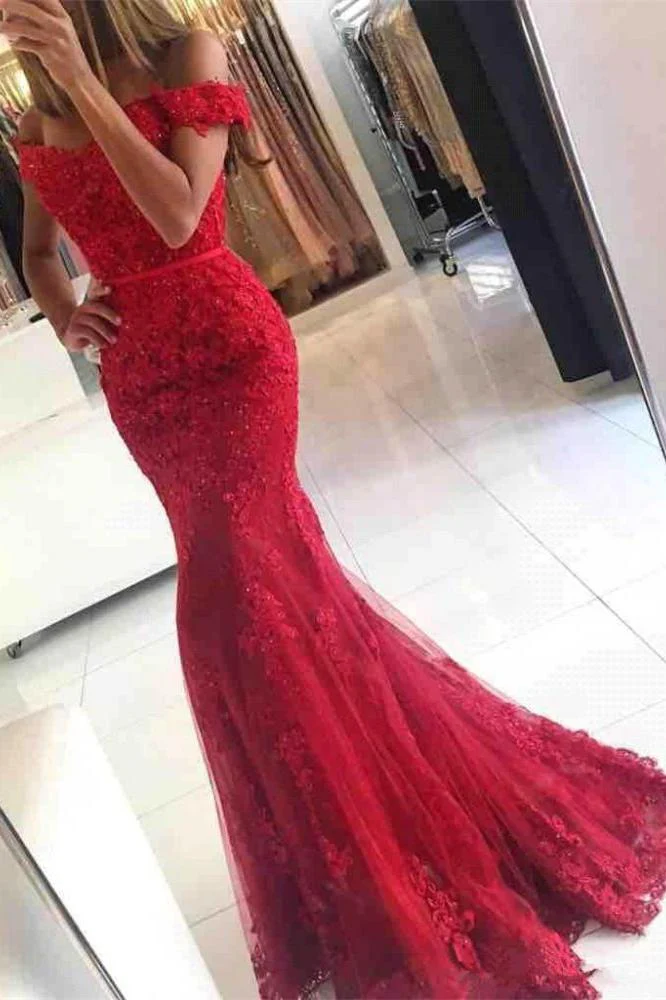 Gorgeous Off-the-shoulder Lace Appliques Red Mermaid Evening Dress - Image 2