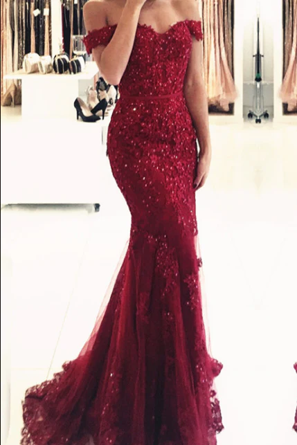 Gorgeous Off-the-shoulder Lace Appliques Red Mermaid Evening Dress - Image 3