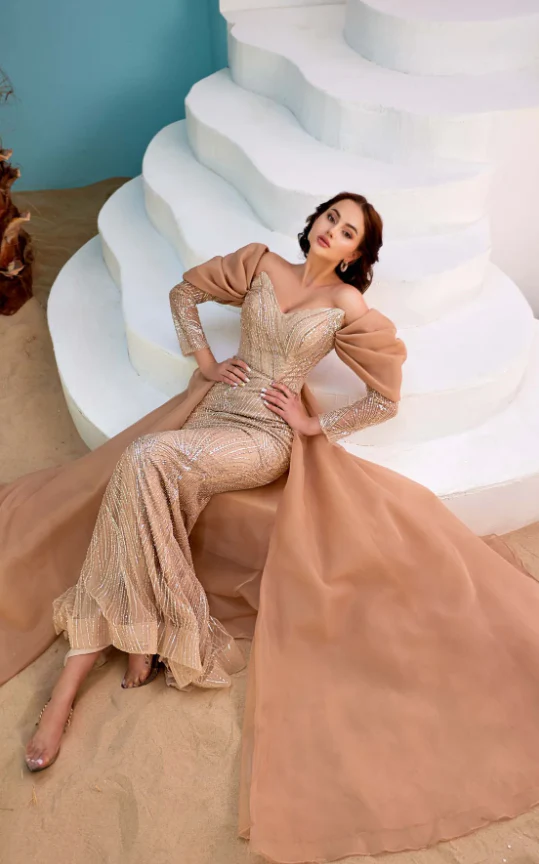 Gorgeous Off-the-Shoulder Long Sleeves Mermaid Prom Dress With Beadings Ruffles - Image 3
