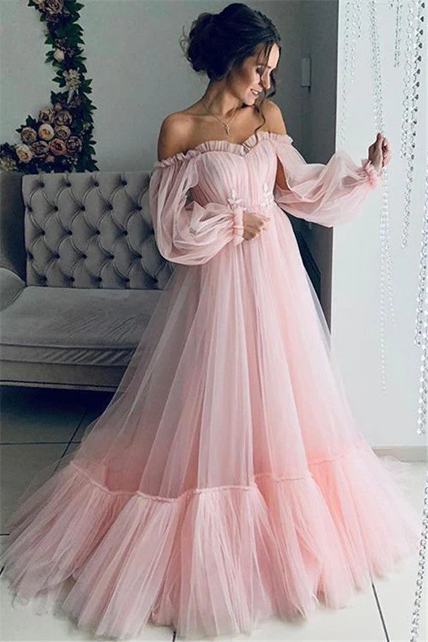 Gorgeous Off-The-Shoulder Long-Sleeves Sheer-Tulle A-Line Prom Party Gowns - Image 2