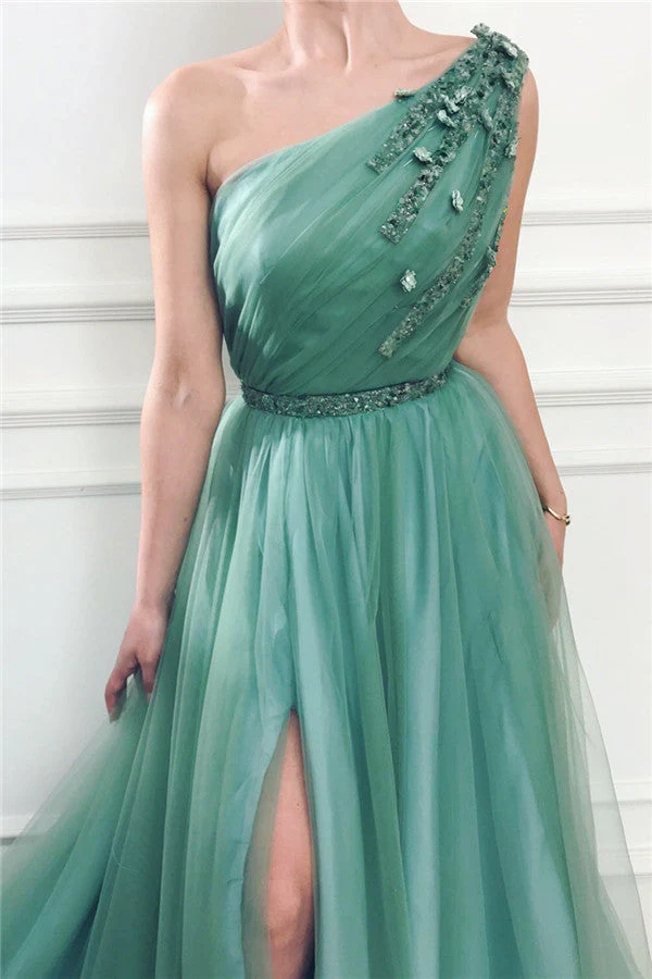 Gorgeous One Shoulder Green Tulle Prom Party Gowns with Beading Chic Front Slit Long Prom Party Gowns with Beading Sash - Image 2