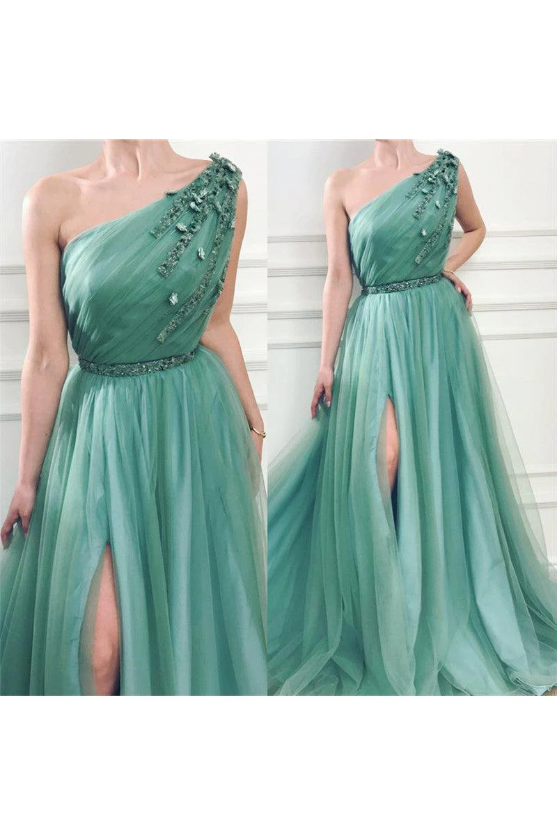 Gorgeous One Shoulder Green Tulle Prom Party Gowns with Beading Chic Front Slit Long Prom Party Gowns with Beading Sash - Image 3