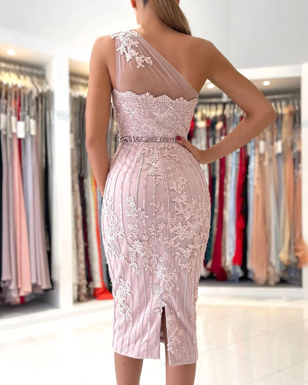 Gorgeous One Shoulder Lace Sheath Prom Dress Online With Crystal - Image 2