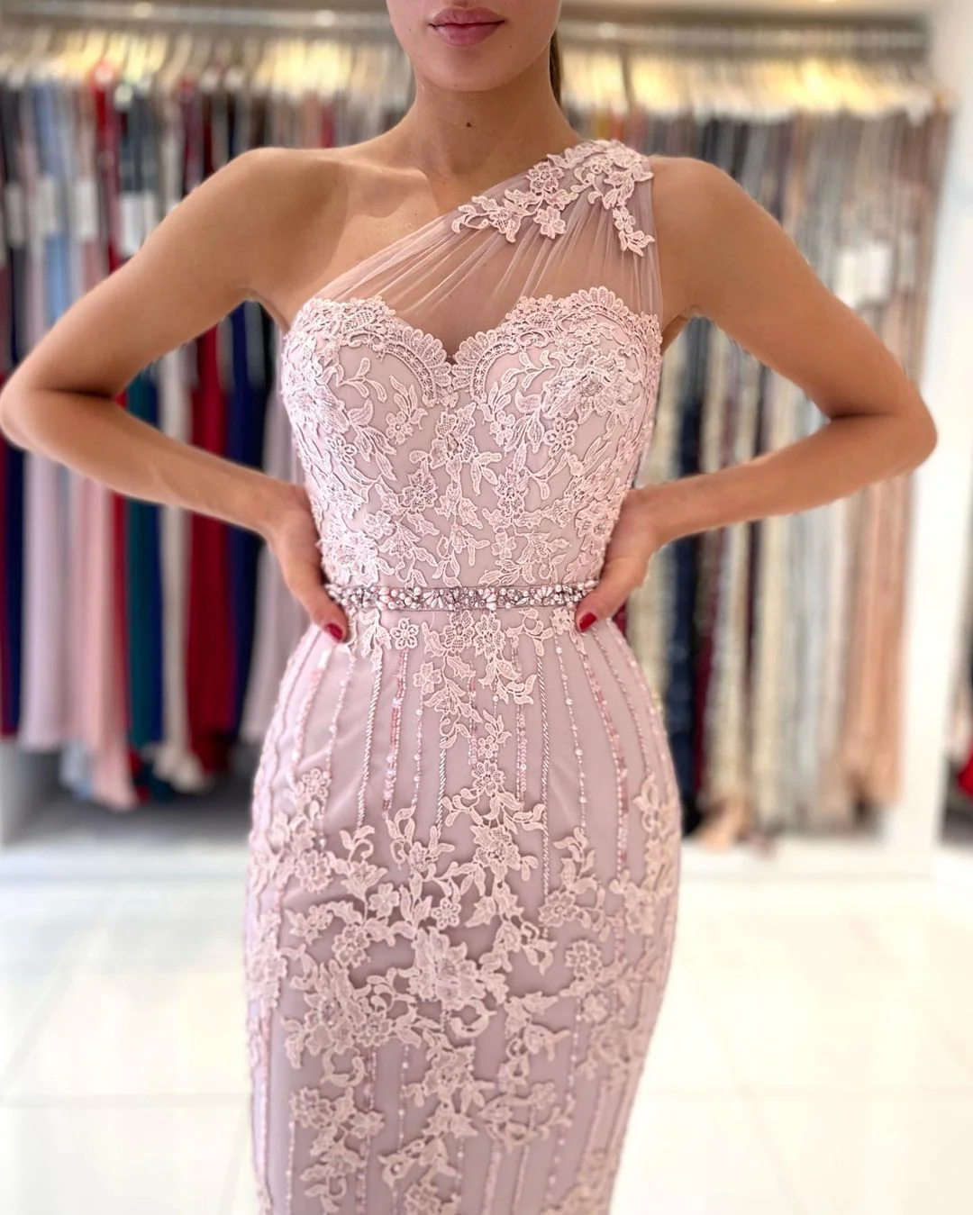 Gorgeous One Shoulder Lace Sheath Prom Dress Online With Crystal - Image 4