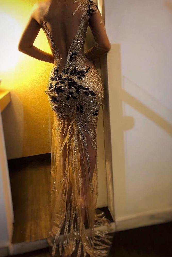 Gorgeous One Shoulder V-Neck Sheath Backless Floor-Length Prom Dresses - Image 2