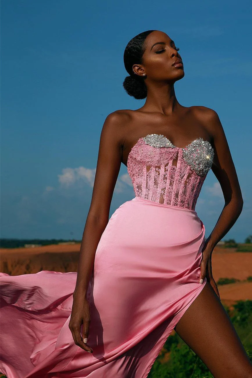 Gorgeous Pink Beaded Sweetheart High Split Mermaid Prom Dress - Image 2