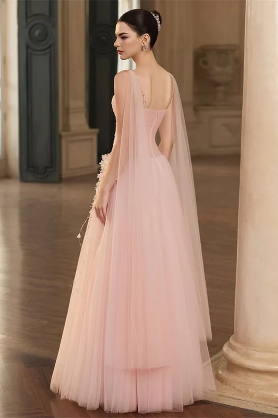 Gorgeous Pink Spaghetti-Straps Tulle Prom Dresses A-Line Ribbon Sleeveless With Beads Flower - Image 2