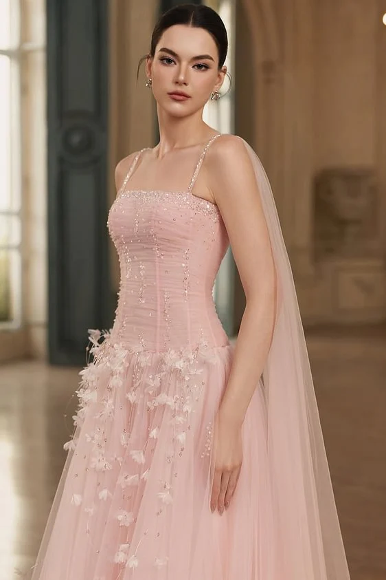 Gorgeous Pink Spaghetti-Straps Tulle Prom Dresses A-Line Ribbon Sleeveless With Beads Flower - Image 3