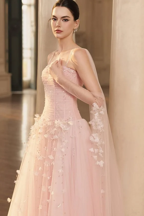 Gorgeous Pink Spaghetti-Straps Tulle Prom Dresses A-Line Ribbon Sleeveless With Beads Flower - Image 4