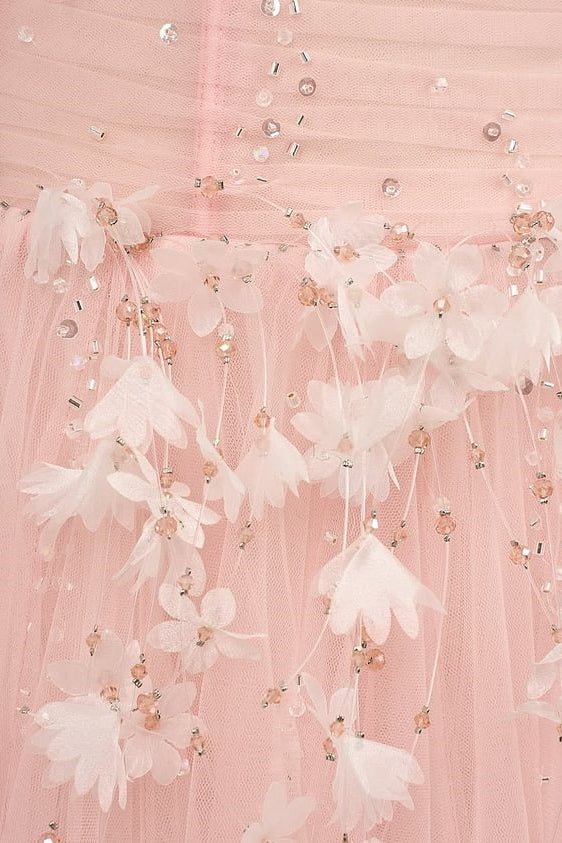 Gorgeous Pink Spaghetti-Straps Tulle Prom Dresses A-Line Ribbon Sleeveless With Beads Flower - Image 5