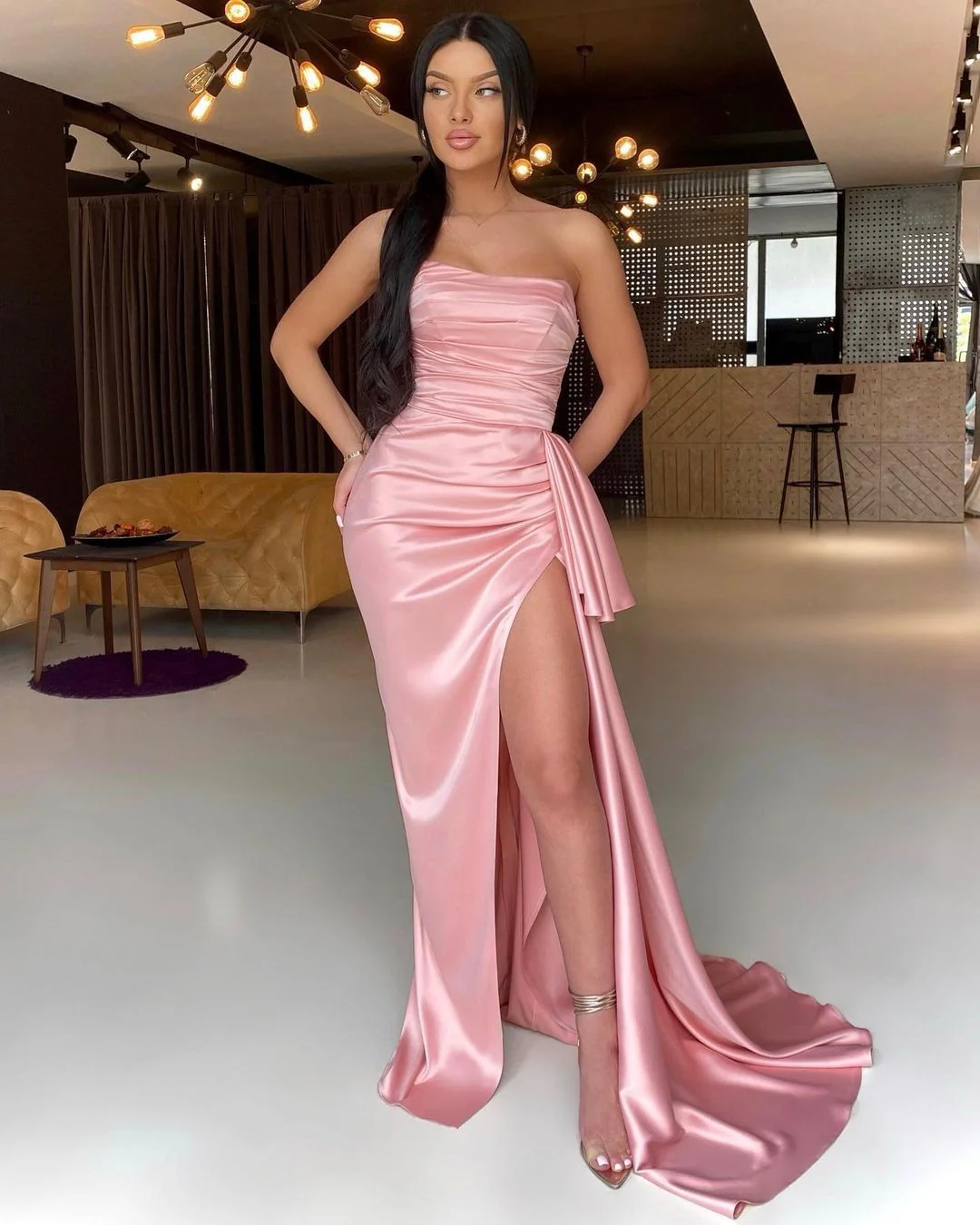 Gorgeous Pink Strapless Pleated Prom Dress Mermaid Long With Slit - Image 2