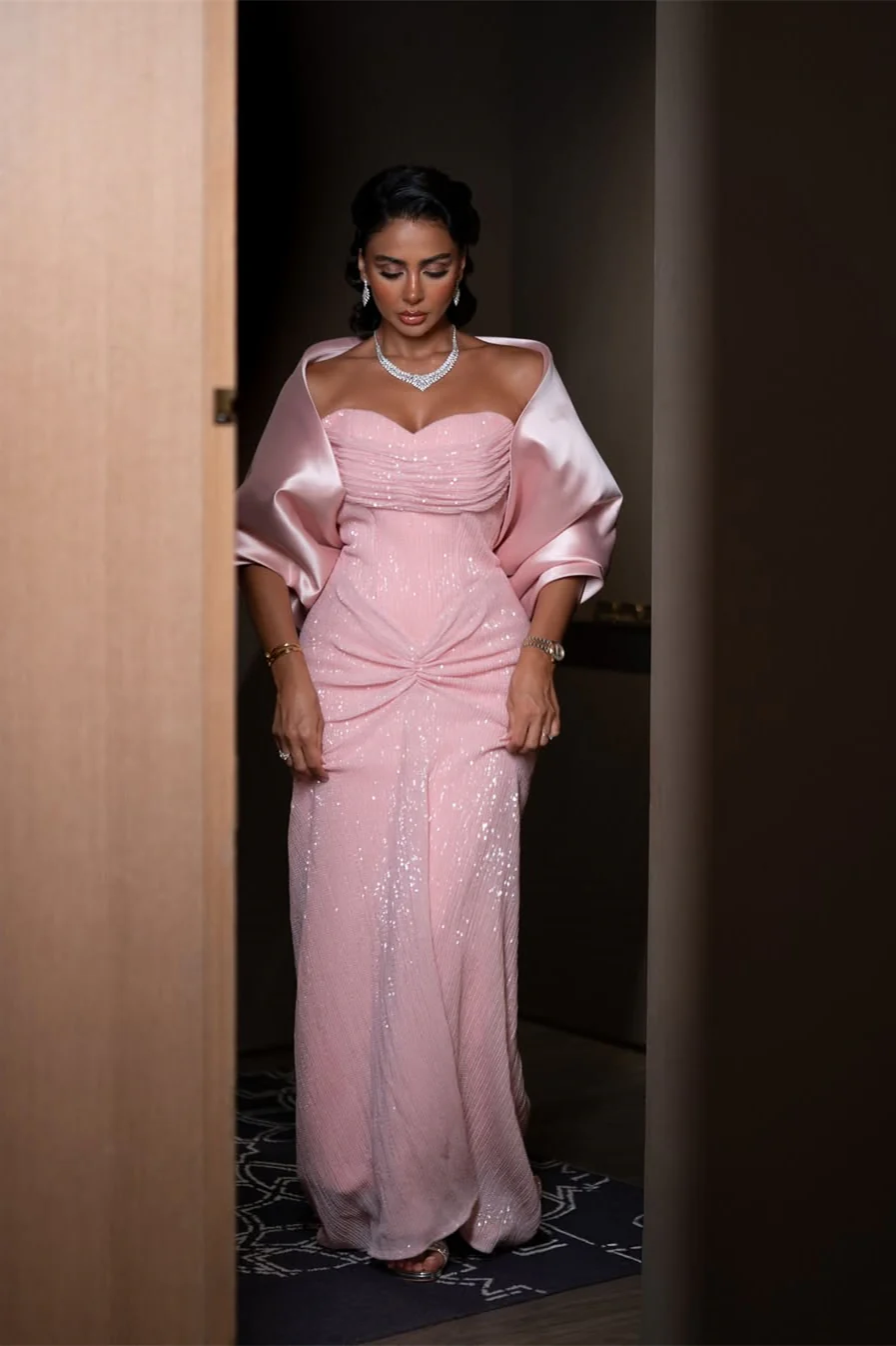Gorgeous Pink Sweetheart Strapless Sequins Prom Dresses Detachable Wrap Sheath With Pleats - Image 2
