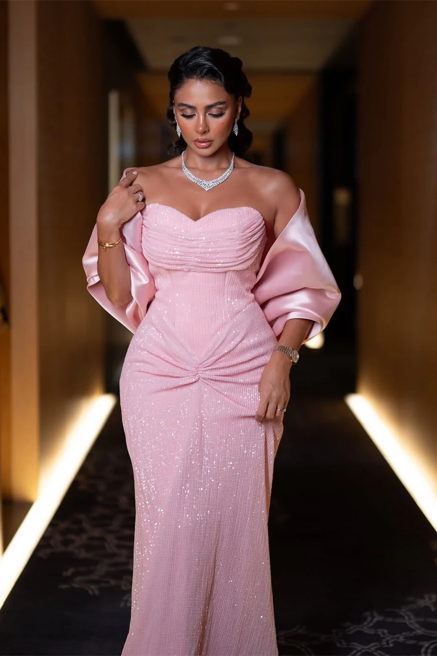 Gorgeous Pink Sweetheart Strapless Sequins Prom Dresses Detachable Wrap Sheath With Pleats - Image 4