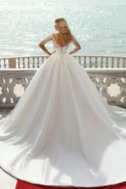 Ballbella Fabulous Modern Satin Wedding Gowns With Long Sleeves V-neck - Image 2