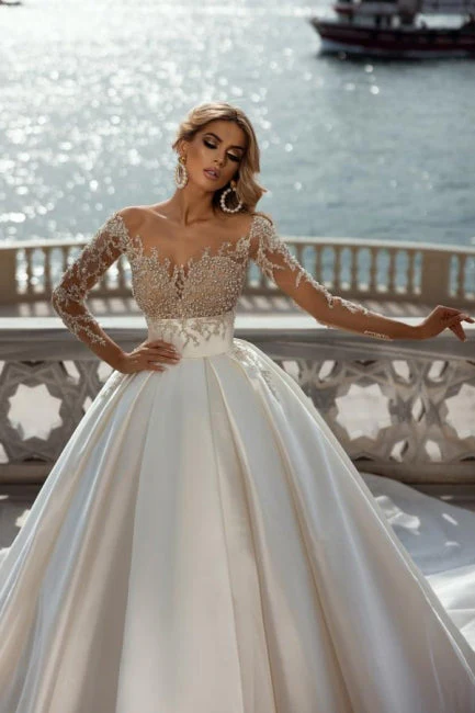 Ballbella Fabulous Modern Satin Wedding Gowns With Long Sleeves V-neck - Image 3