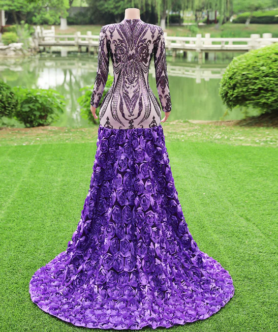 Gorgeous Purple Long Sleeves V-Neck Prom Dress Sequins With Flowers - Image 2