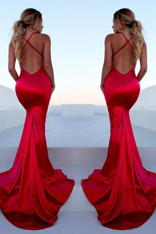 Gorgeous Red Halter Elegant Lace Up Prom Dresses Sleeveless Ruffles Chic Mermaid Side Slit Evening Dresses - Image 3