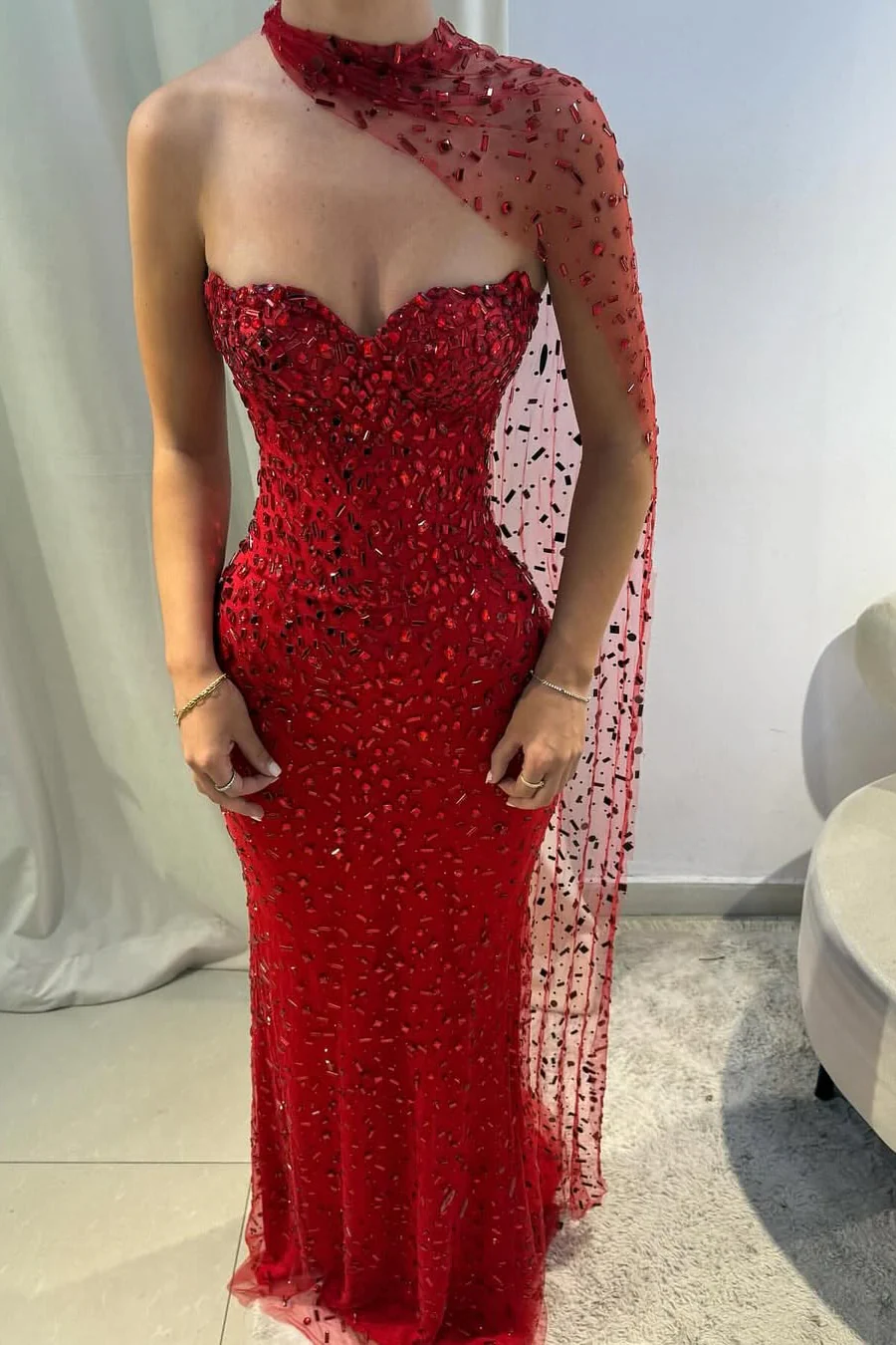 Gorgeous Red Sweetheart Mermaid Prom Dresses Sleeveless Strapless With Gem - Image 4