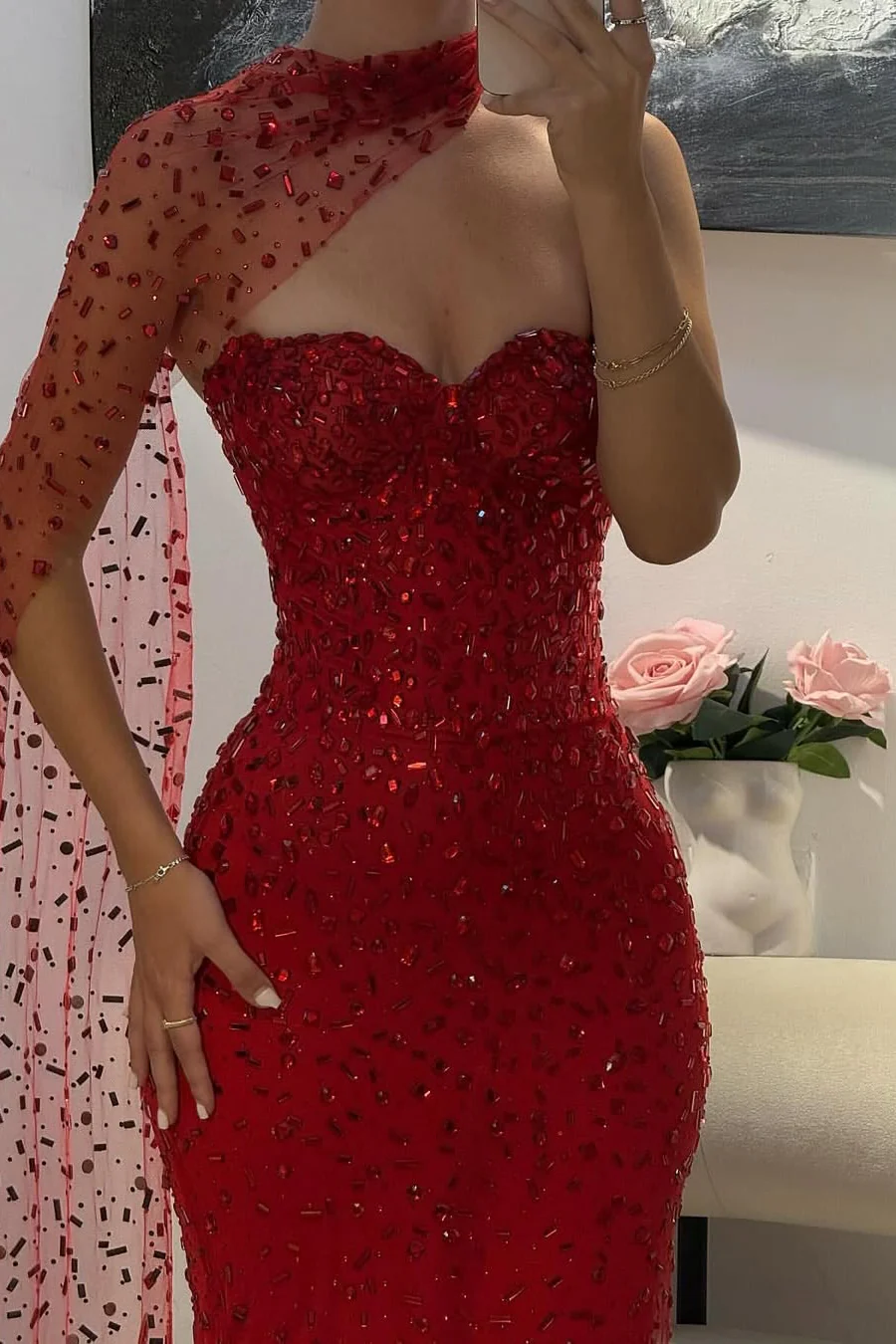 Gorgeous Red Sweetheart Mermaid Prom Dresses Sleeveless Strapless With Gem - Image 5