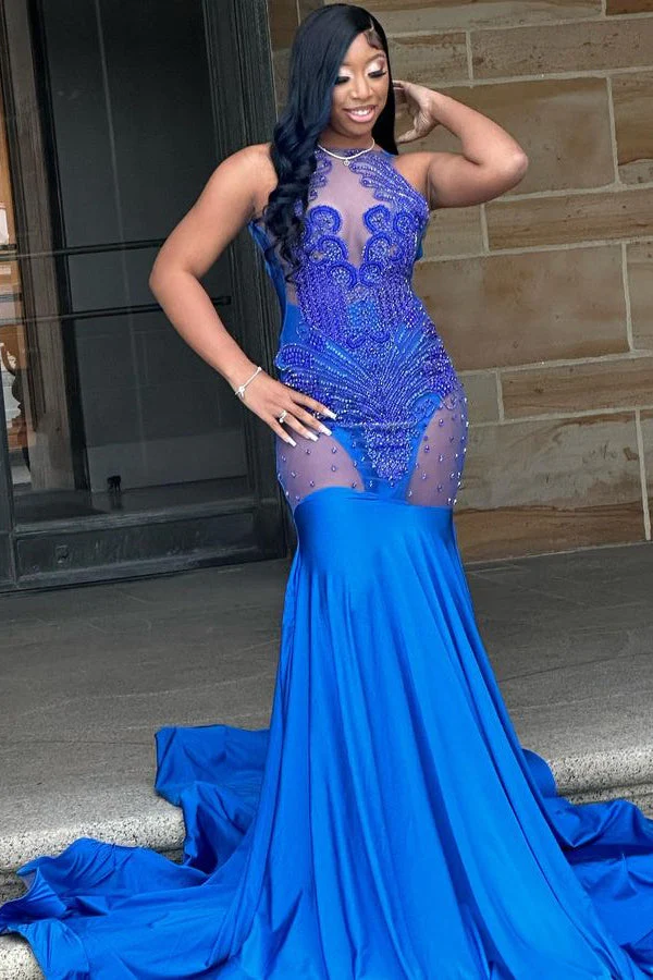 Glorious Royal Blue Lace Sleeveless Mermaid Prom Dress - Image 2
