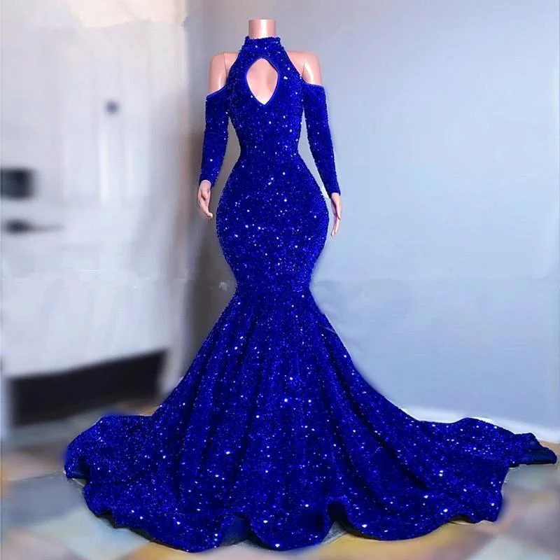 Gorgeous Royal Blue Long Sleeves Prom Dress Mermaid Long With Sequins - Image 2