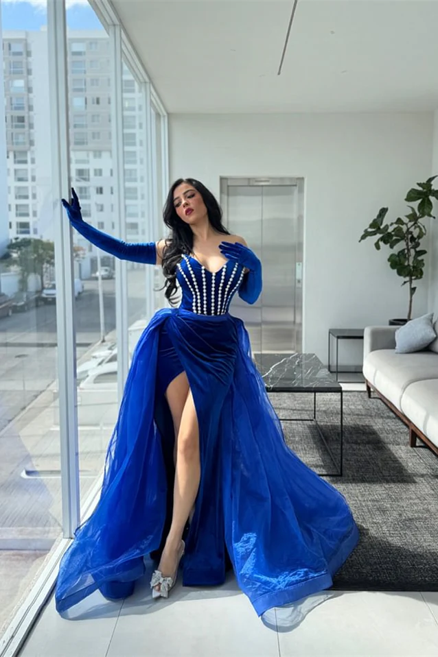 Gorgeous Royal Blue Sweetheart Strapless Prom Dresses Mermaid High Slit Sleeves With Pearls - Image 2