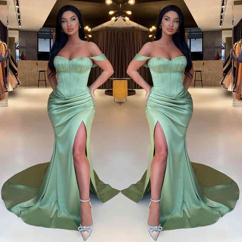 Gorgeous Sage Green Off-the-Shoulder Prom Dress Mermaid Slit - Image 2