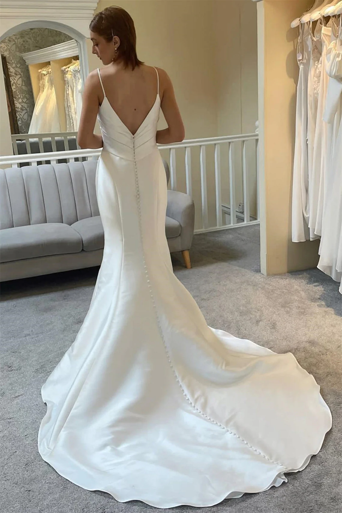 Gorgeous Satin Mermaid Wedding Dresses Spaghetti-Straps V-Neck Sleeveless Open Back With Buttons - Image 2