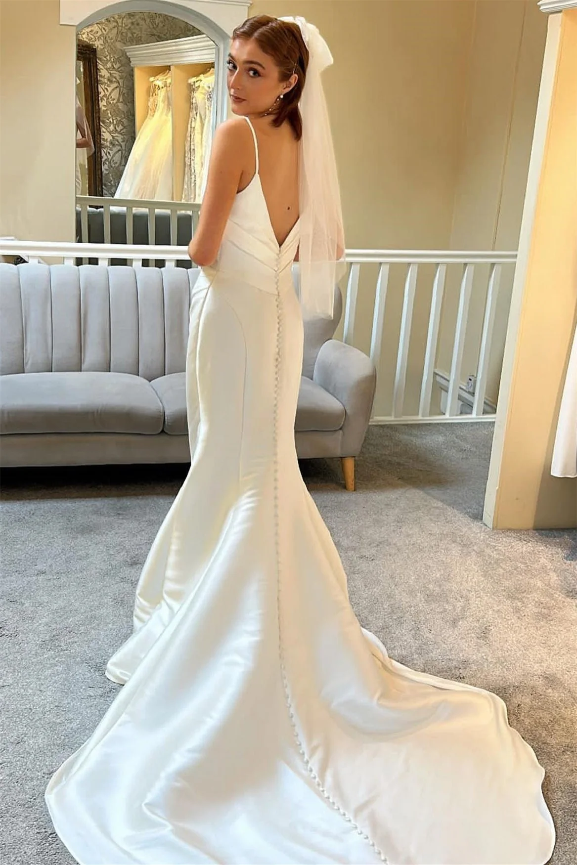 Gorgeous Satin Mermaid Wedding Dresses Spaghetti-Straps V-Neck Sleeveless Open Back With Buttons - Image 3