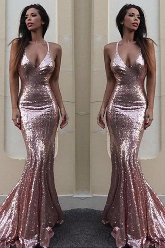 Gorgeous Sequins V-Neck Mermaid Sequins Prom Party Gowns - Image 2