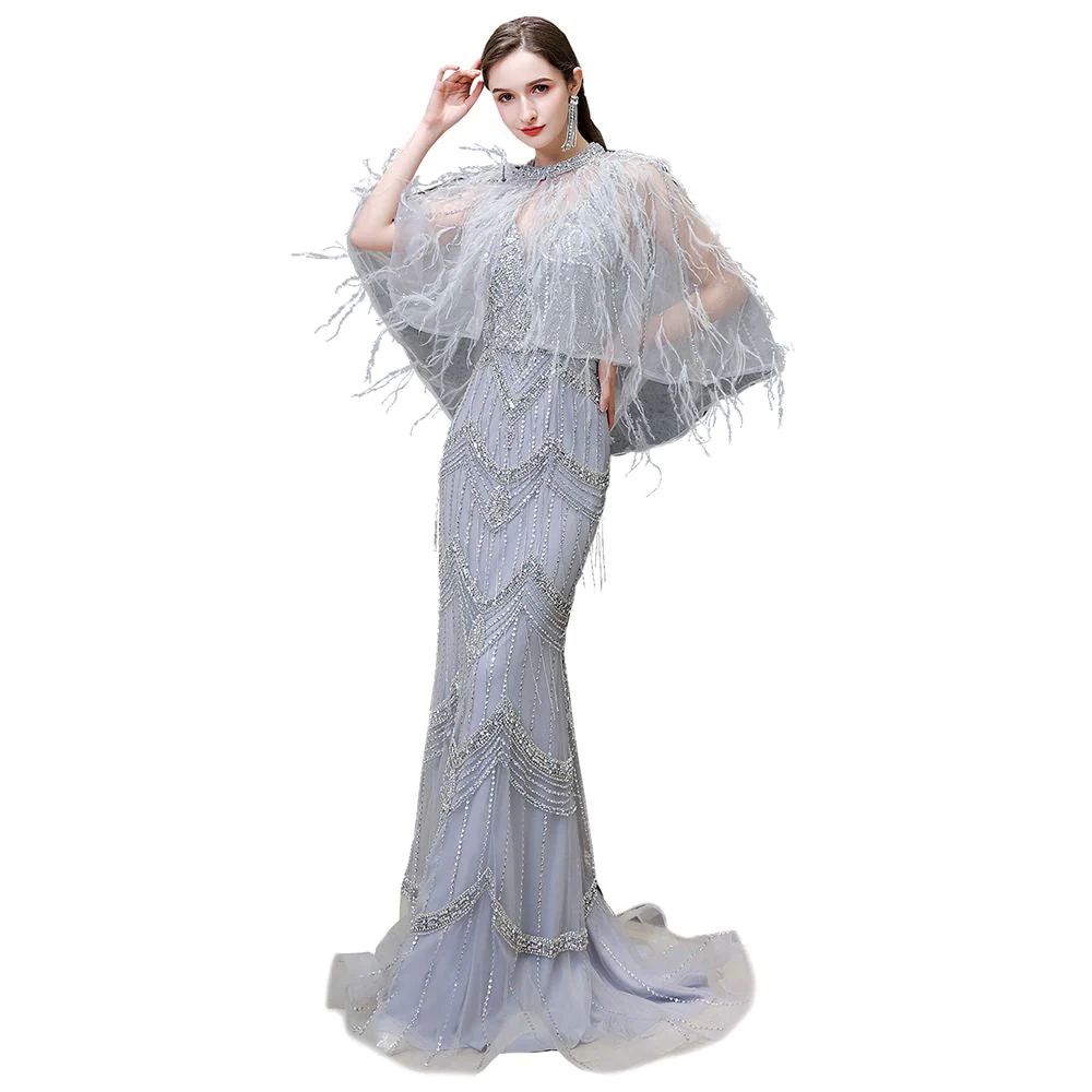 Gorgeous Silver Feather Cape Mermaid Sparkle Prom Party Gowns - Image 10