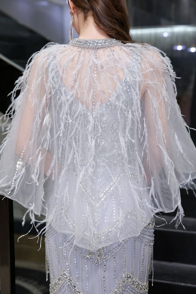 Gorgeous Silver Feather Cape Mermaid Sparkle Prom Party Gowns - Image 12