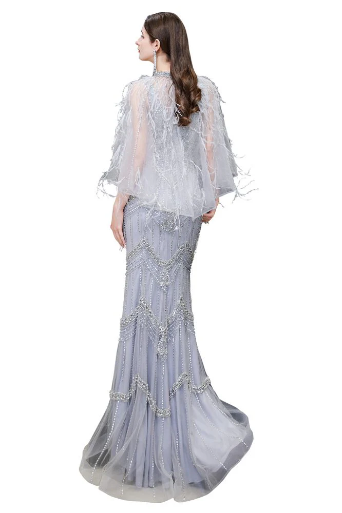 Gorgeous Silver Feather Cape Mermaid Sparkle Prom Party Gowns - Image 13