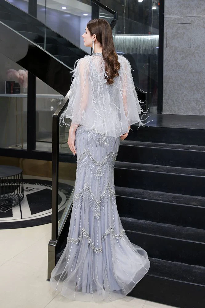Gorgeous Silver Feather Cape Mermaid Sparkle Prom Party Gowns - Image 14